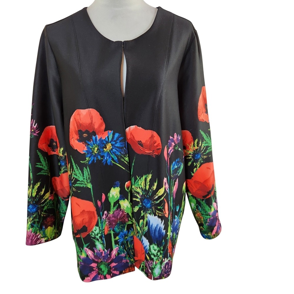 Peck & Peck Womens XL Black Floral Poppy Print Open Front Cardigan Jacket